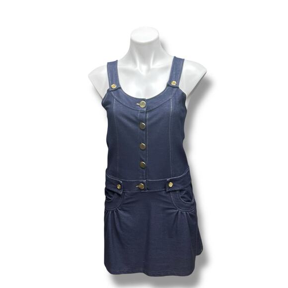Vintage Y2K Overall Dress Women’s Stretch "Denim" Gold Button Front Pockets Sz L - Picture 6 of 9
